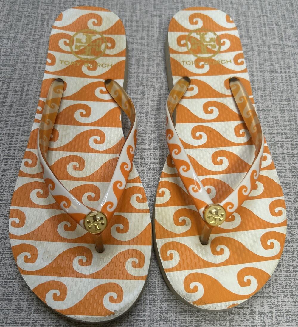 Tory Burch Flip Flops Sandals Womens 8 Rubber Logo Thong Beach Summer Orange